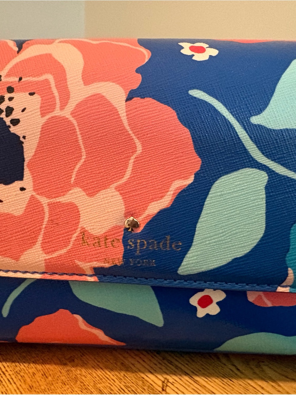 kate spade Blue Floral Crossbody purse with Coral and Mint Accents